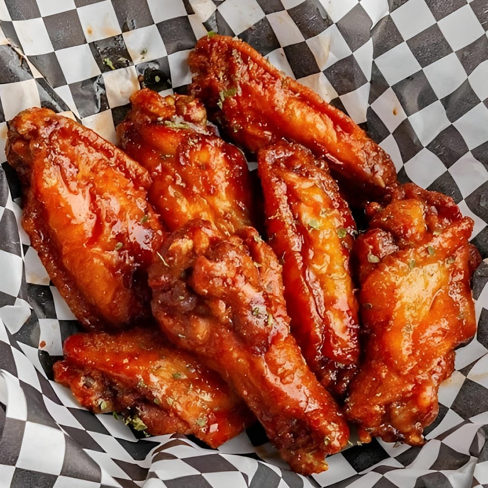Close-up of several glossy, orange-glazed chicken wings with herbs in a black and white checkered paper.