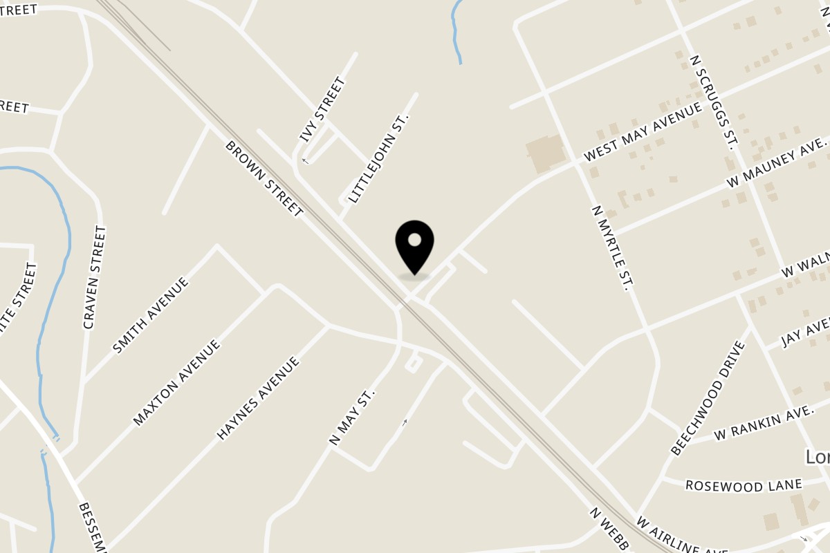 Map showing the location of Mic's Kitchen on 1528 W May Ave in Gastonia
